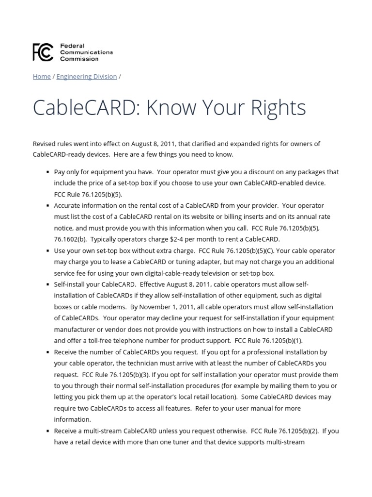 Xfinity FCC CableCARD Know Your Rights PDF Video On Demand Federal Communications