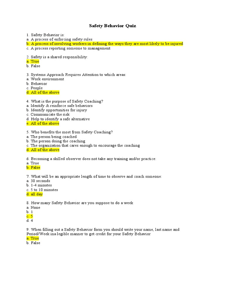 Behavior Based Safety Quiz | PDF