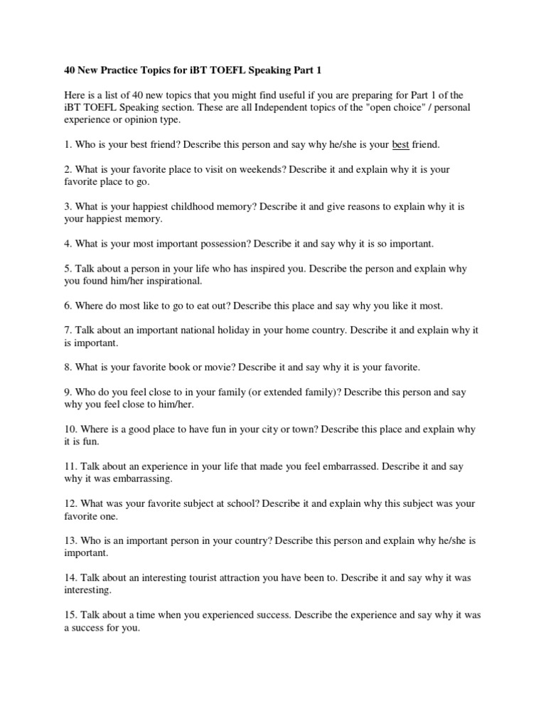 40 Topics for TOEFL Speaking Part 1 | PDF | Cognition