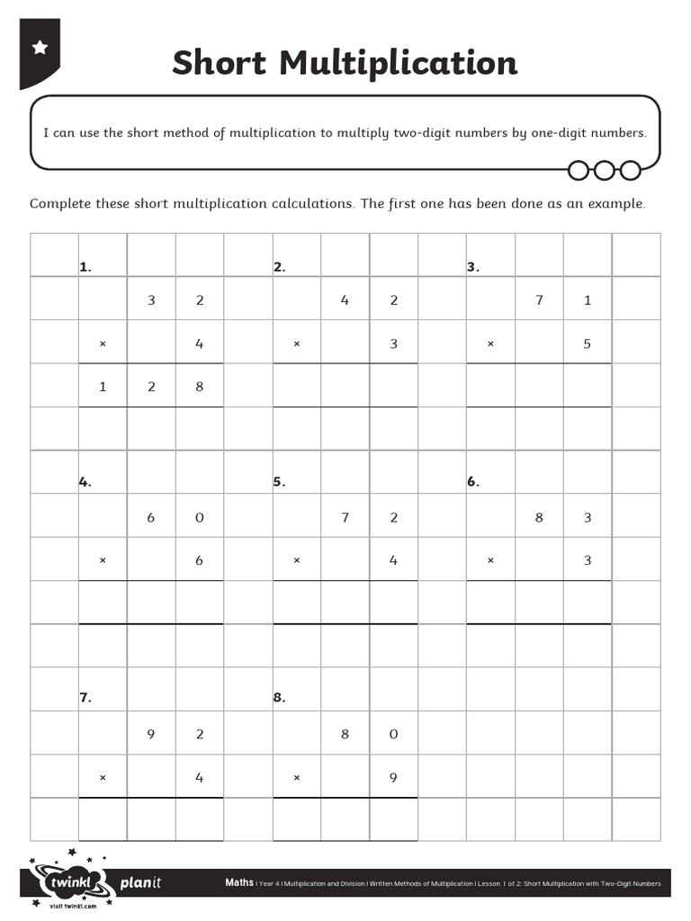 Short Multiplication Complete These Short Multiplication Calculations