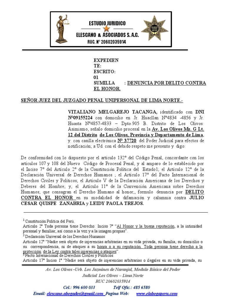 Denuncia por Difamación y Calumnia | PDF | Castigos | Derecho penal