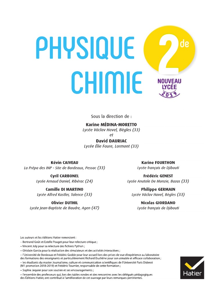 Manuel Physique chimie Seconde Hatier En Ligne Physique Chimie Lycée) David Dauriac, Nicolas Giordano, Karine  Médina-Moretto, Kévin Caiveau, Cyril Carbonel, Camille Di Martino, Olivier  Duthil, Karine Fourthon, Frédéric Genest, Philippe Germain | PDF