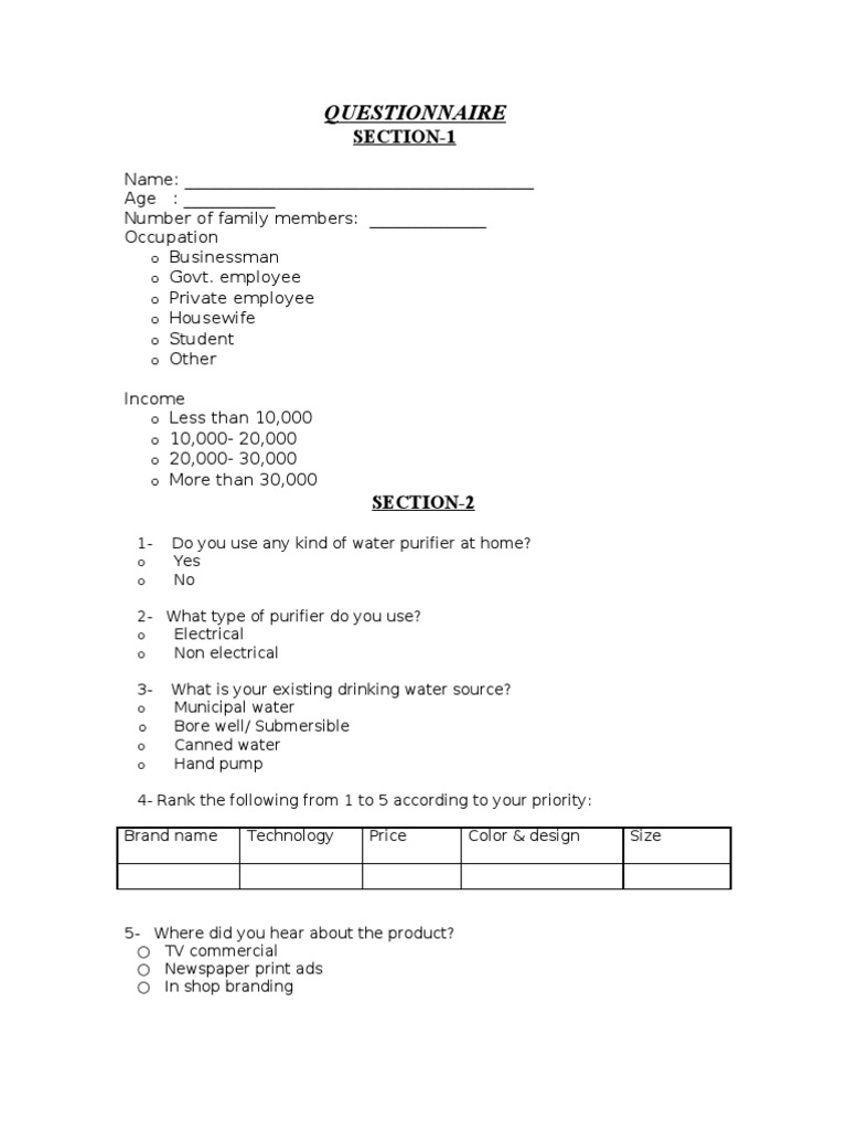 questionnair on water purifier Drinking Water Behavior