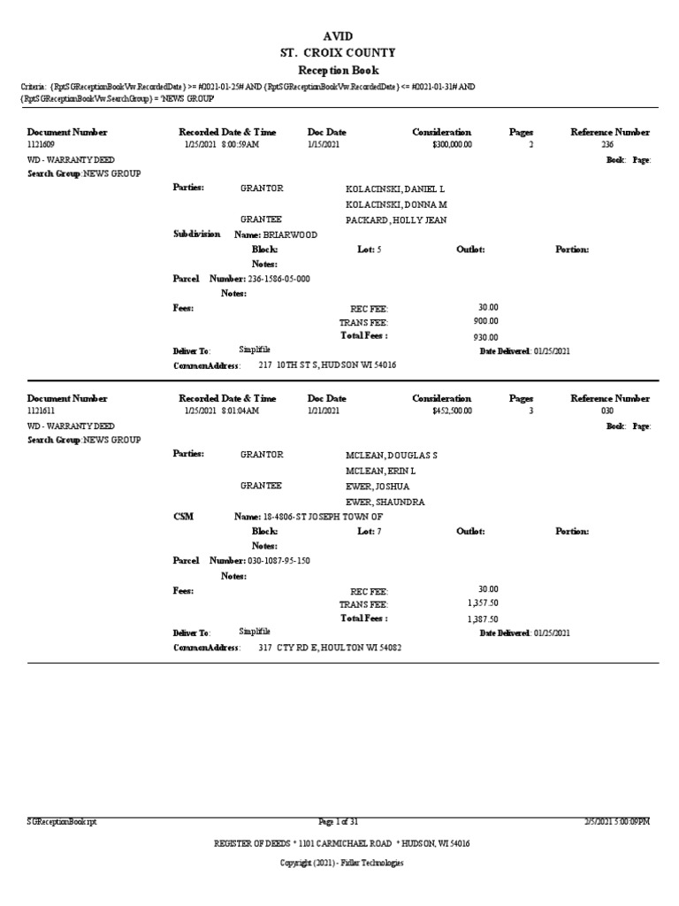 St. Croix County Property Transfers For Jan. 2531, 2021 PDF Deed