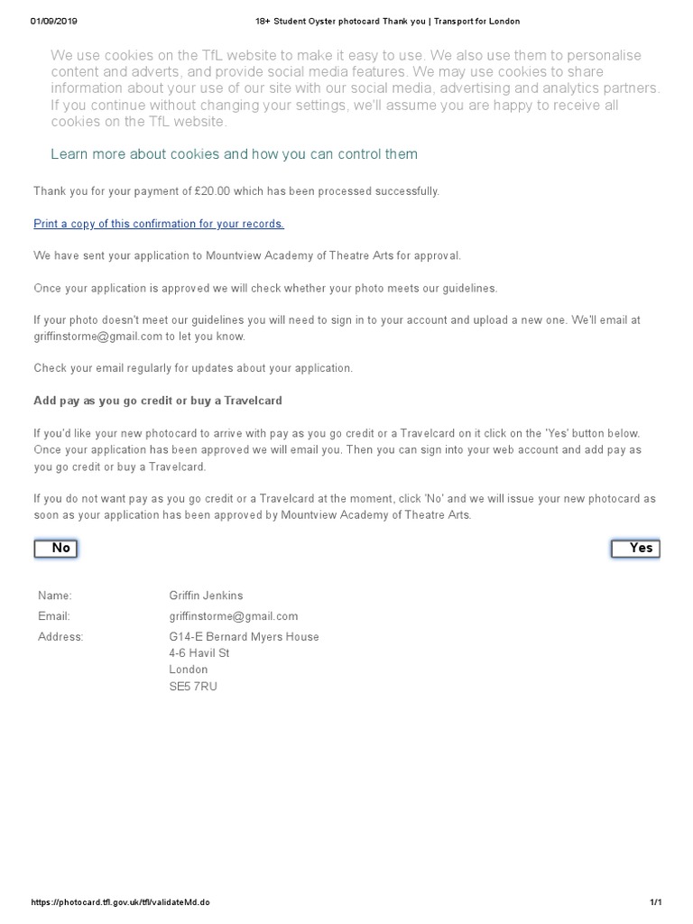 18+ Student Oyster Photocard Thank You Transport For London PDF