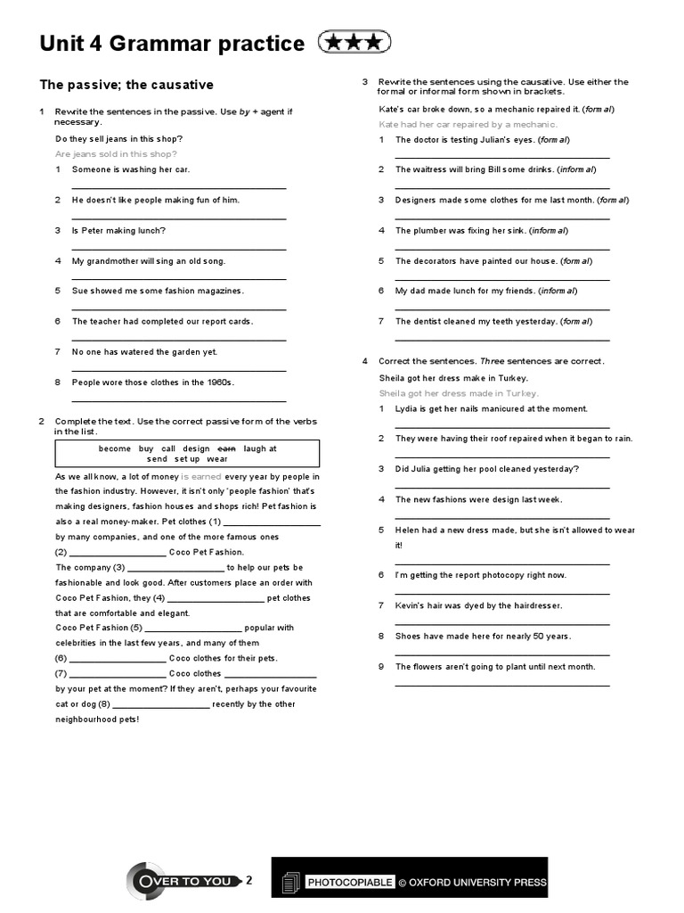 Passive and Causative Grammar Exercises | PDF | Grammar | Linguistic ...