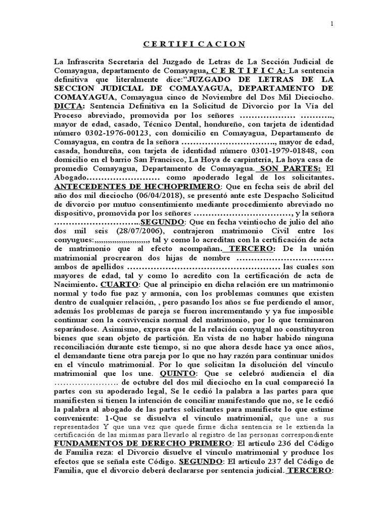 Certificacion de Sentencia de Divorcio Divorcio Mutuo | PDF | Divorcio ...