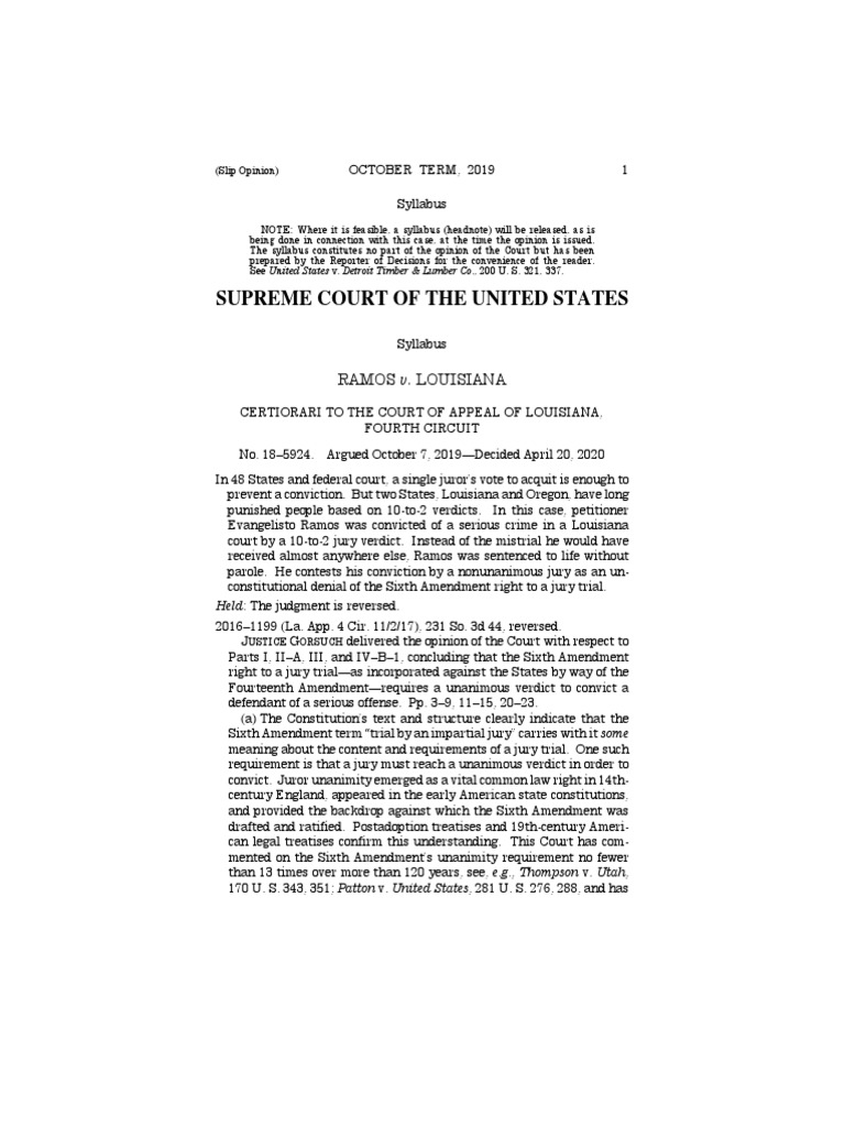 Supreme Court of The United States Ramos V. Louisiana PDF Sixth