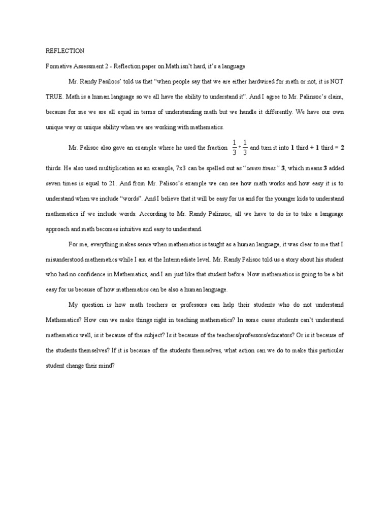 Formative Assessment 2 - Reflection Paper On Math Isn't Hard, It's A ...