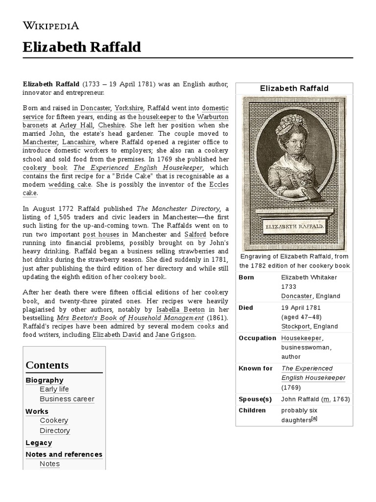 Elizabeth Raffald (1733 - 19 April 1781) Was An English Author | PDF ...