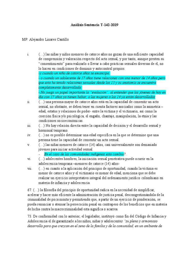 Análisis Sentencia T 142 2019 | PDF | Menor (ley) | Derecho penal