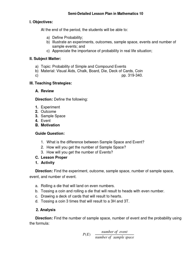 SemiDetailed Lesson Plan in Mathematics 10 Space Sample of Number