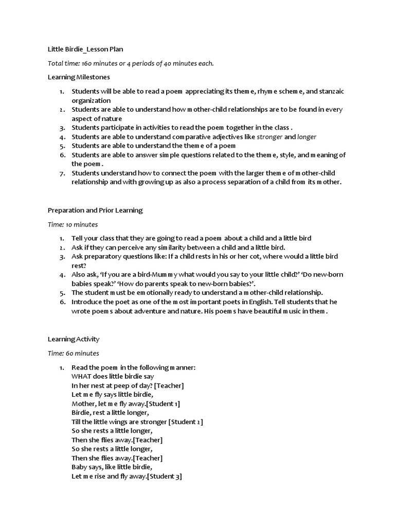 Little Birdie Poem Lesson Plan | PDF | Poetry | Human Nature