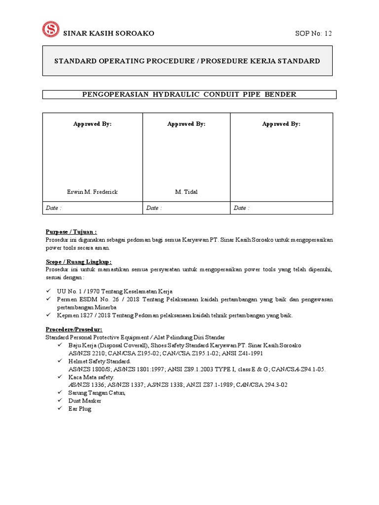 Sop PENGOPERASIAN HYDRAULIC CONDUIT PIPE BENDER PDF