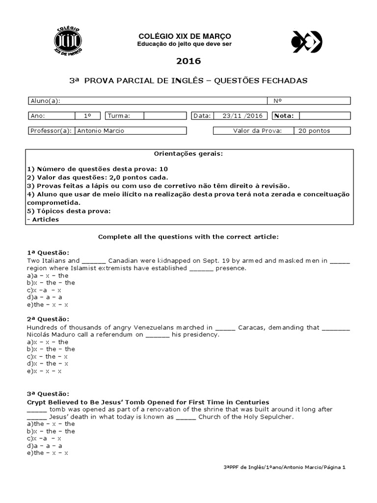 3ppf Ingles Prova A 1ano Antonio M Pdf