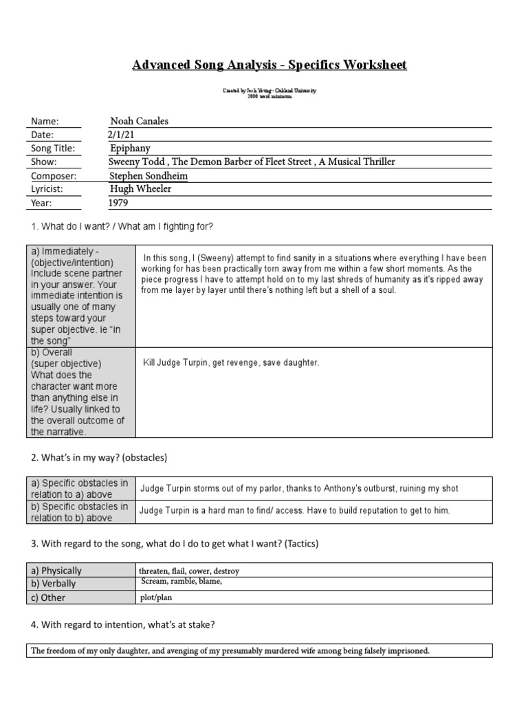Advanced Song Analysis - Specifics Worksheet | PDF | Art