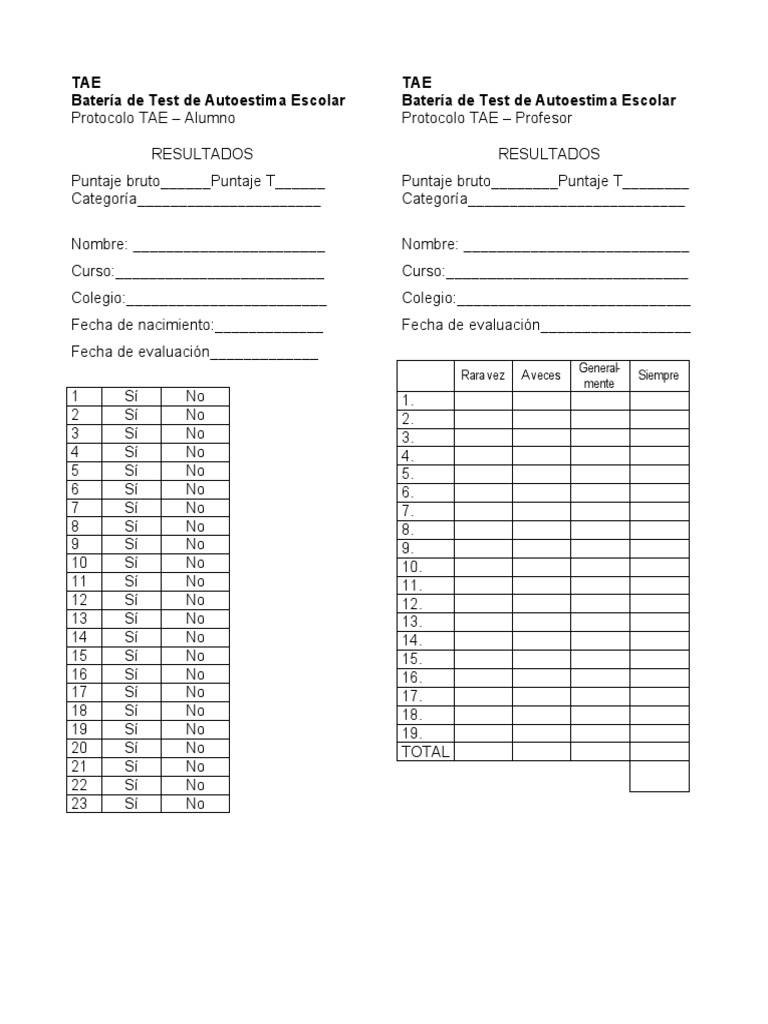 Test de Autoestima Escolar TAE | PDF