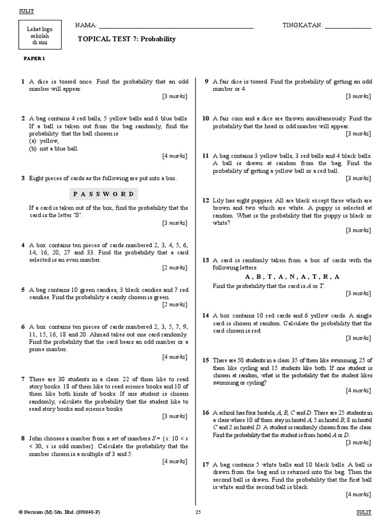 IT Add Maths F5 Topical Test 7 (E) | PDF | Teaching Mathematics | Leisure
