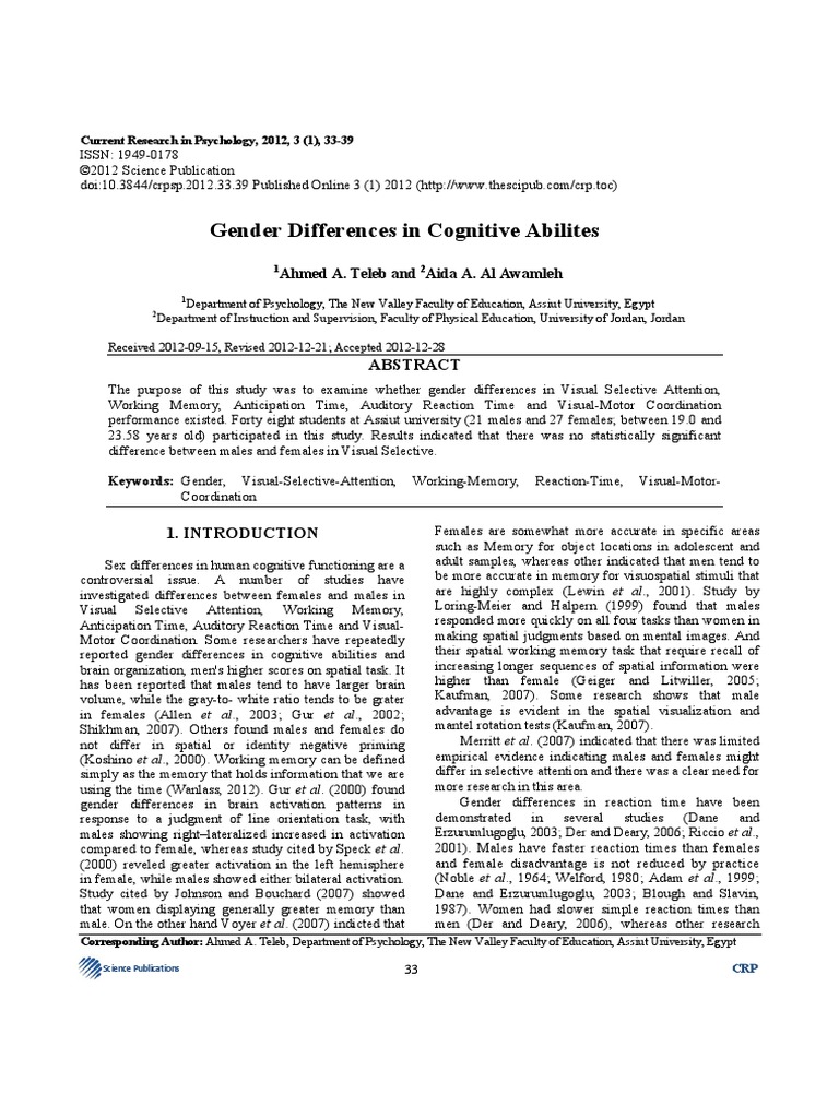 Gender Differences in Cognitive Abilites | PDF | Mental Chronometry ...