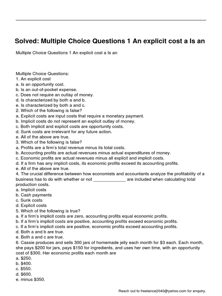 Multiple Choice Questions 1 An Explicit Cost A Is An | PDF | Cost | Profit  (Economics)