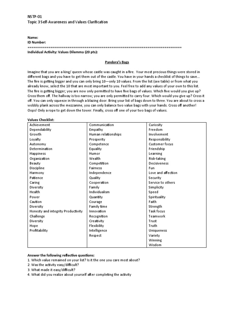 NSTP-01 Topic 3 Self-Awareness and Values Clarification | PDF | Value ...