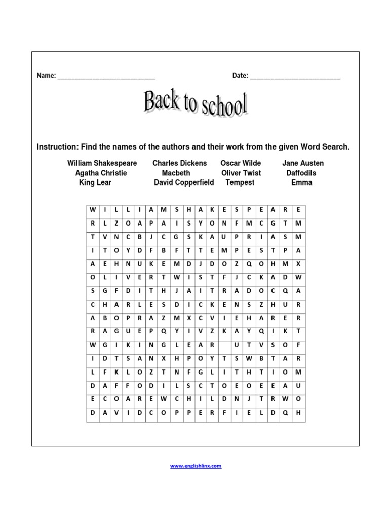 Word Search Back To School Worksheet | PDF | British Literature ...