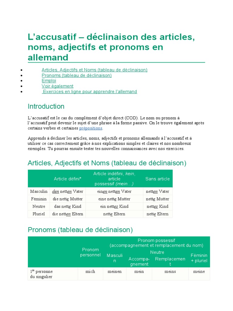 Pronom Personnel A Laccusatif En Allemand Akkusativ | PDF | Pronom | Genre grammatical