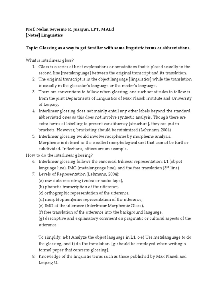 (Notes) Interlinear Gloss | Download Free PDF | Linguistic Typology ...