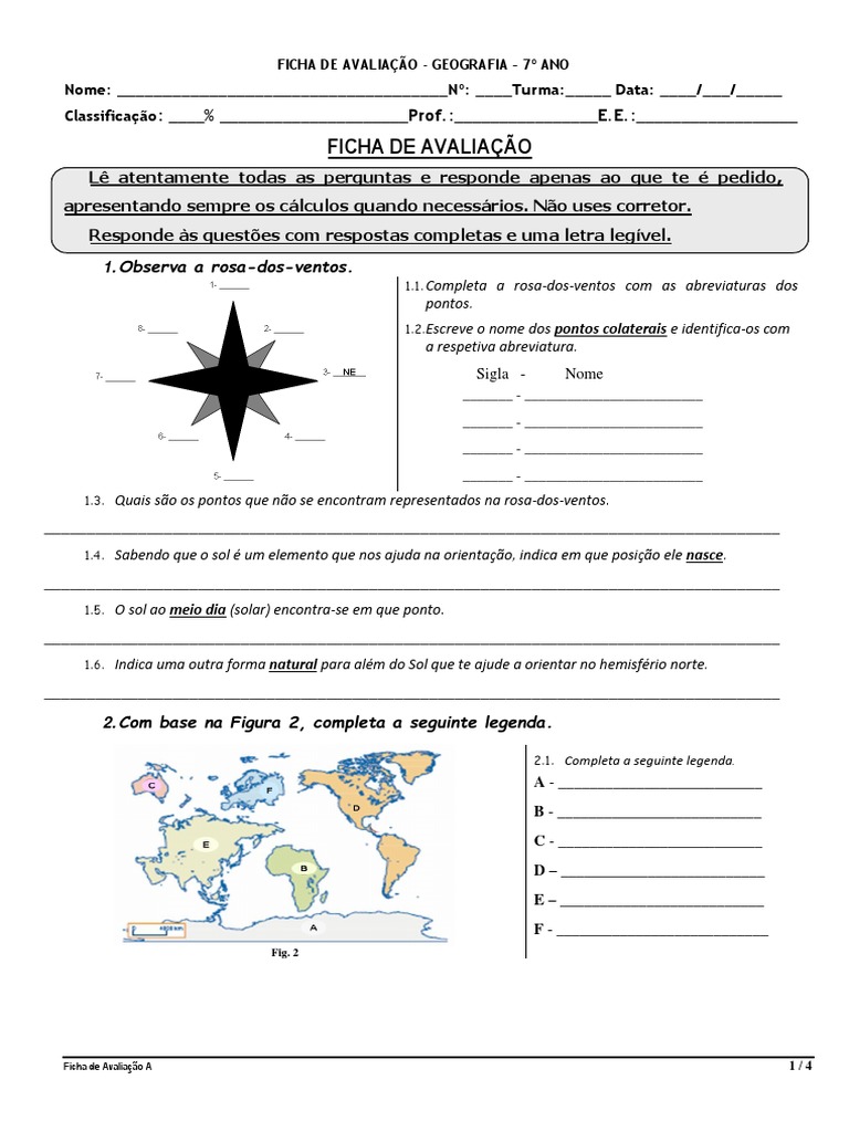 Ficha de Avaliação de Geografia 7º Ano | PDF | Oceano Atlântico | Continente, image size:768x1024
