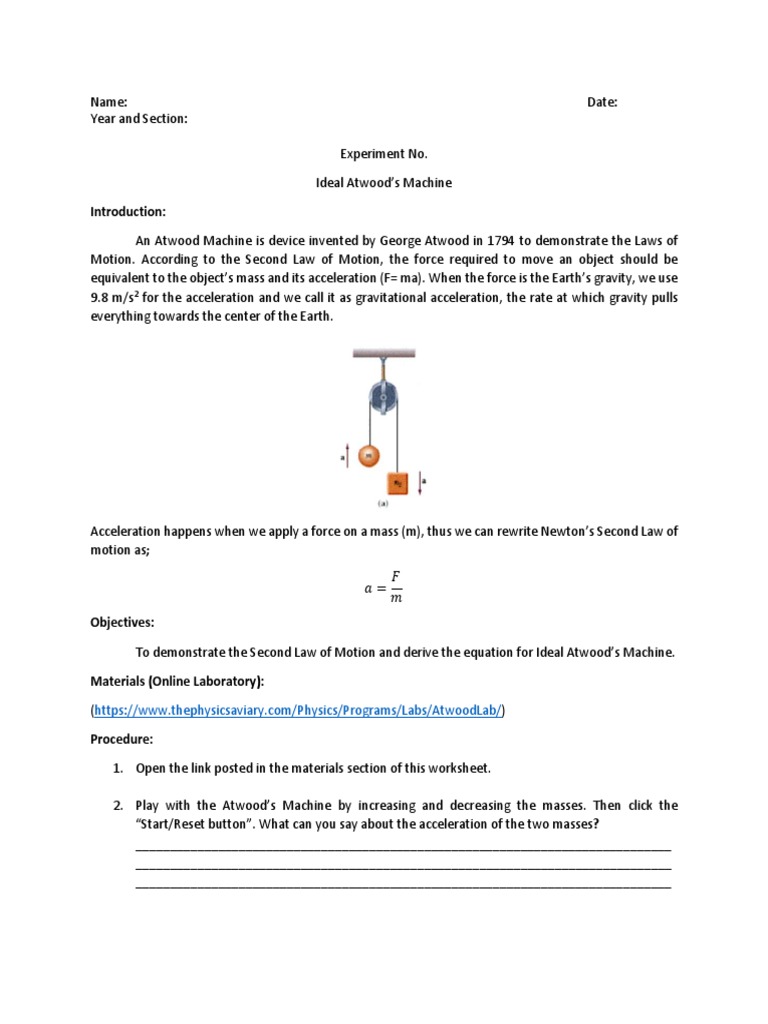 Atwoods Machine Experiment PDF Acceleration Force