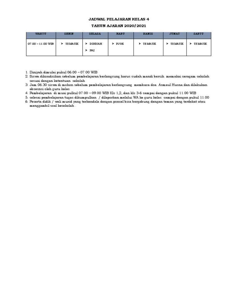 Jadwal Pelajaran Kelas 4 | PDF