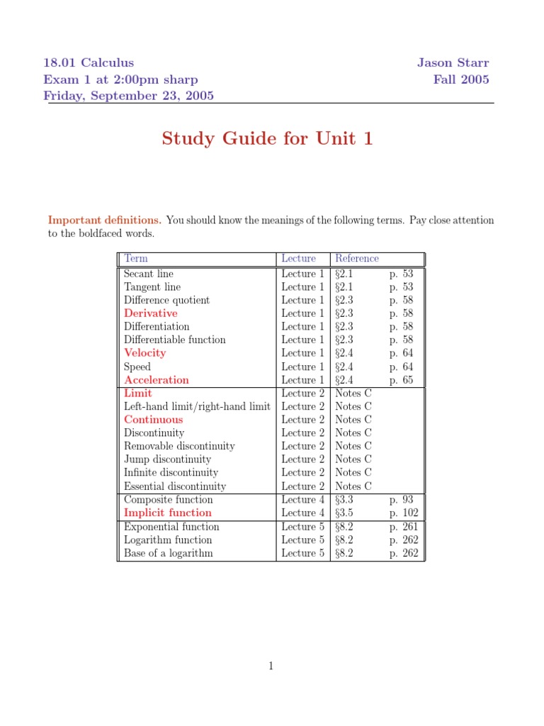 Calculus Exam 1 Study Guide | PDF | Derivative | Tangent