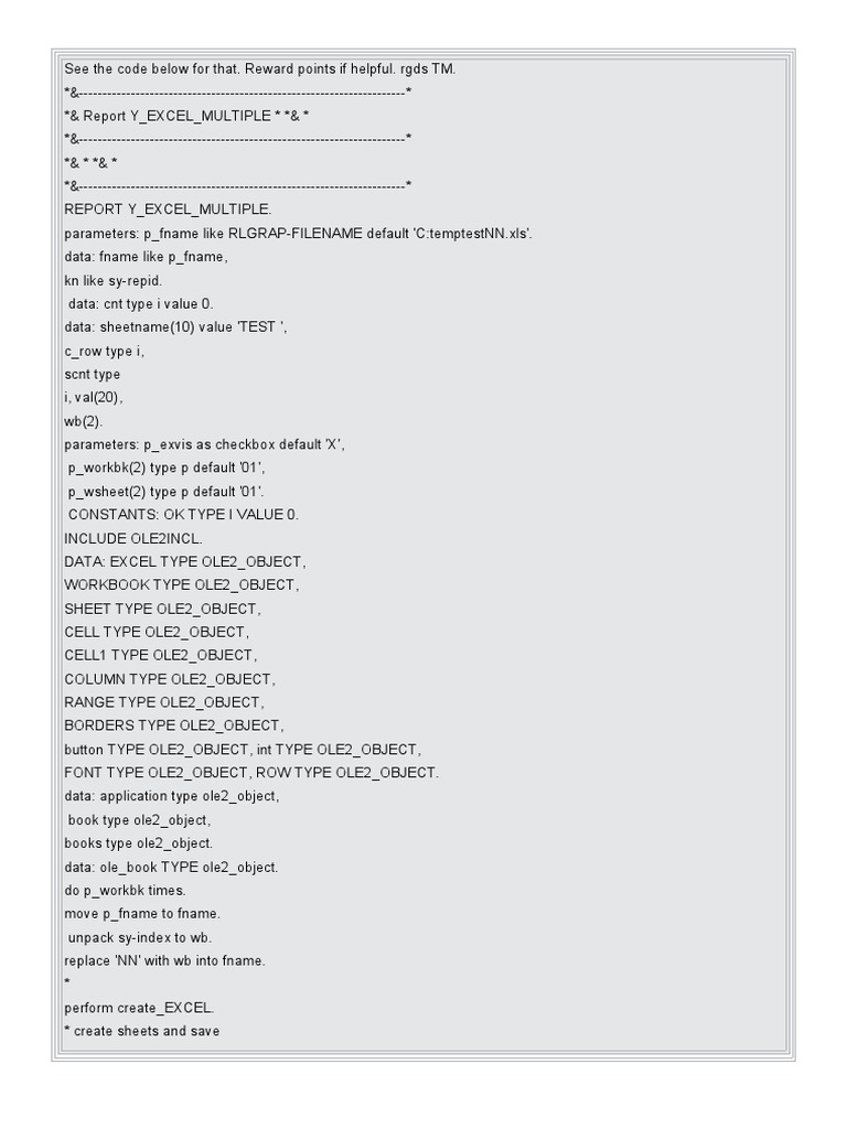 Create Multi Sheet Excel Abap | PDF | Microsoft Excel | Computer Programming