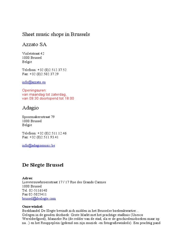 Sheet Music Shops in Brussels PDF