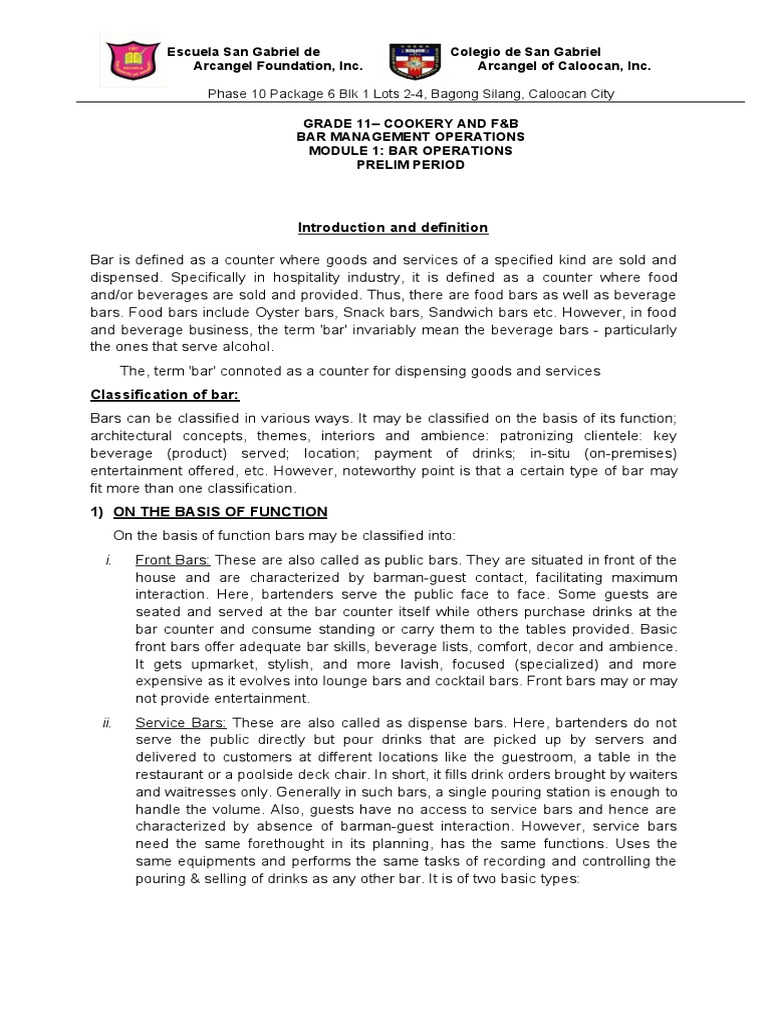 Bar Operations and Classifications Guide | PDF | Bar | Drink