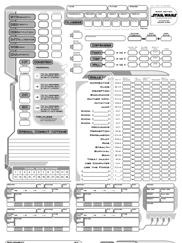 Star Wars Pdf Printable Character Sheet Ffg Saga Interactive Fillable