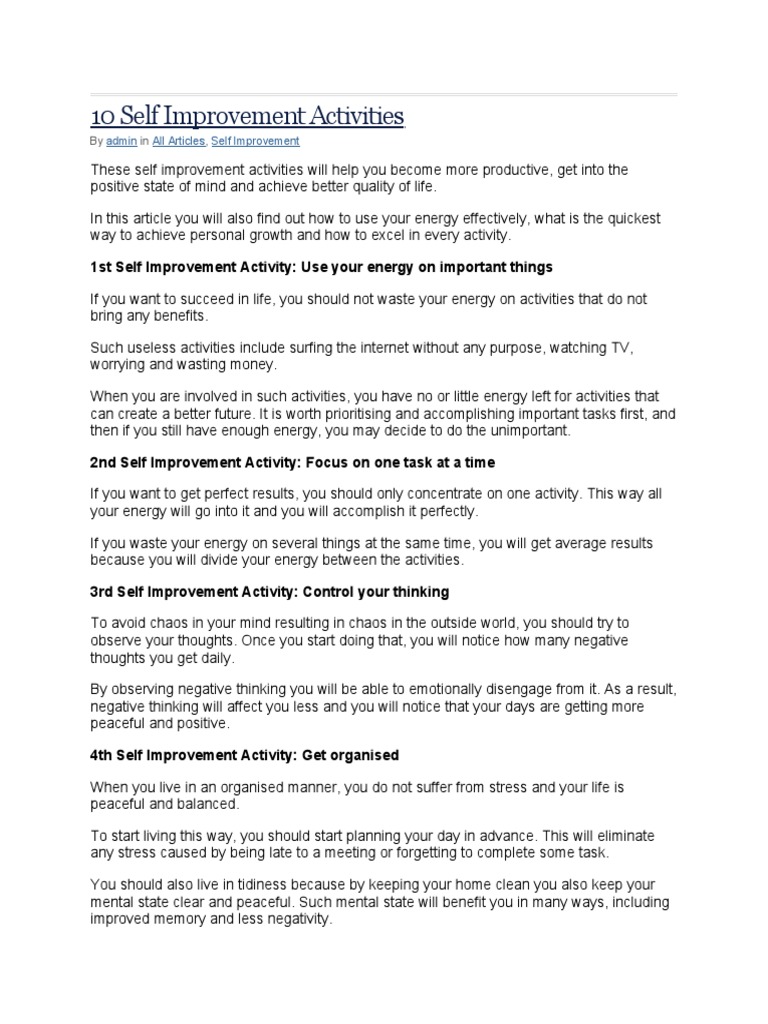 10 Essential Self Improvement Activities | PDF | Happiness | Self