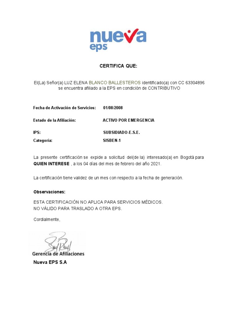 Certificado de Afiliación Nueva EPS | PDF | Finanzas y dinero | Derecho
