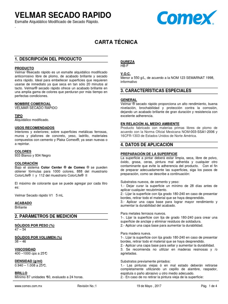 Comex - Ficha Tecnica - Velmar | PDF | Pintar | Materiales