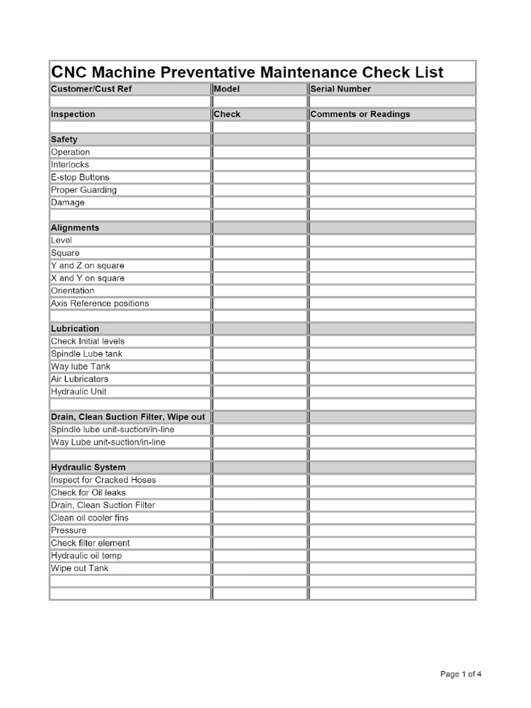 CNC Machine Preventative Maintenance Check List | PDF