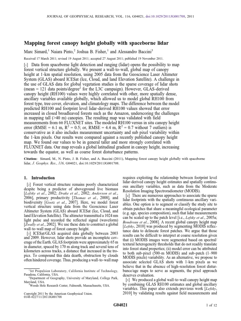 2011 Mapping Forest Canopy Height Globally With Spaceborne Lidar | PDF ...