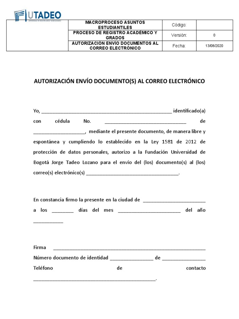 Autorización Envío Documentos Al Correo Electrónico PDF