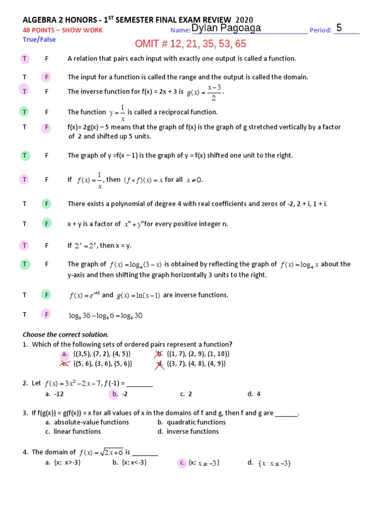 Algebra 2 Honors Final Exam Review | PDF