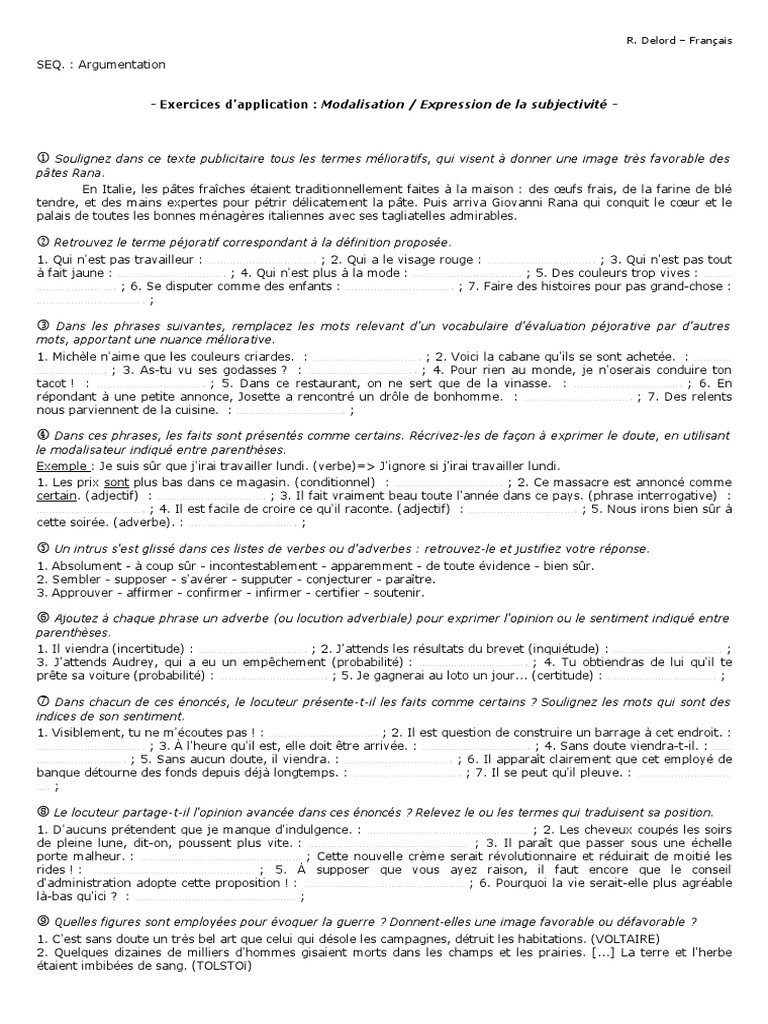 Exercices - Modalisation, Expression de La Subjectivite | PDF ...