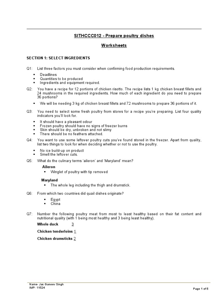 SITHCCC012 Prepare Poultry Dishes Worksheets Section 1 Select