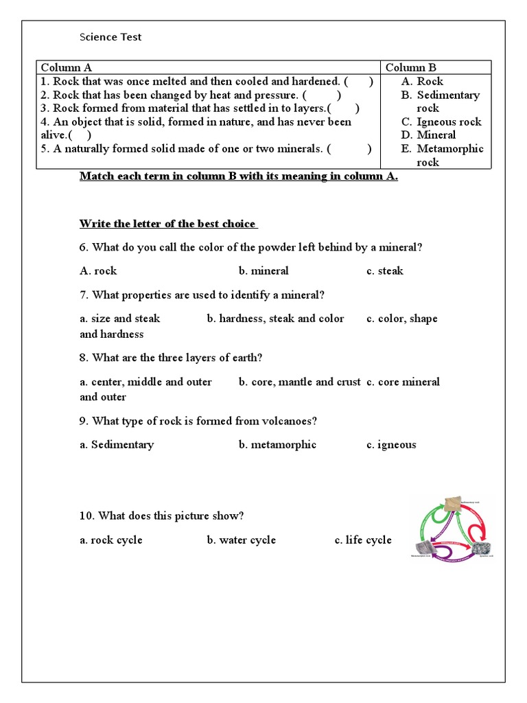 Class 5 Rocks and Minerals Quiz | PDF