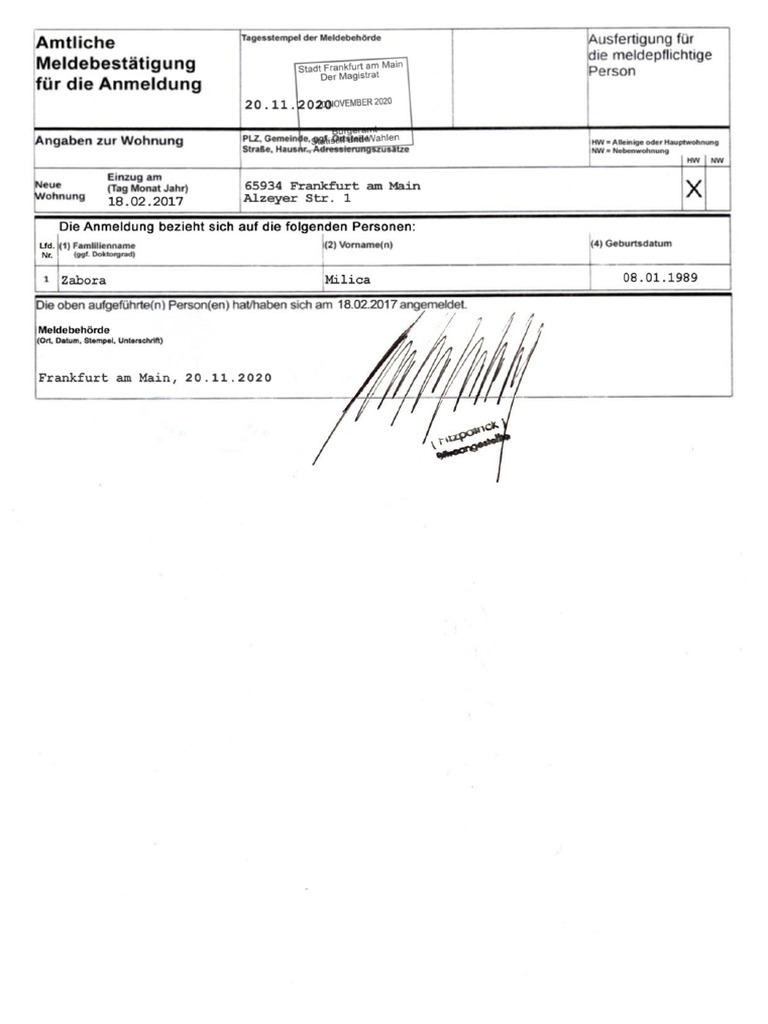 Meldebestätigung Zabora | PDF