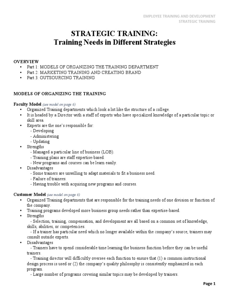 Strategic Training: Training Needs in Different Strategies: (See Model ...