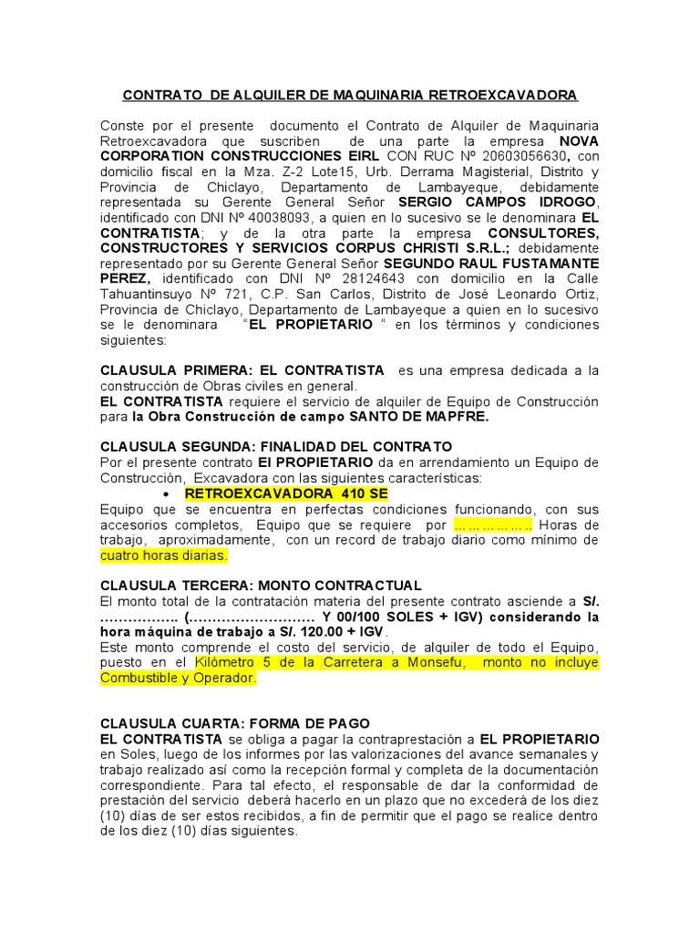 Contrato de Alquiler de Retroexcavadora | PDF