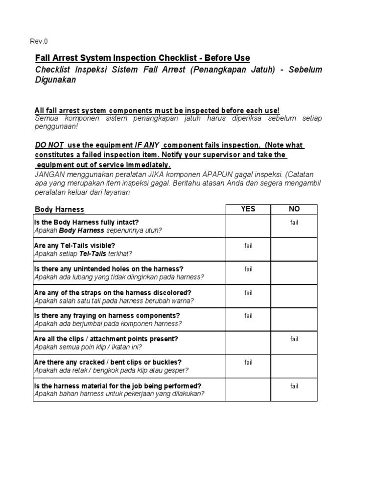 Checklist Inspeksi Sistem Penangkapan Jatuh | PDF